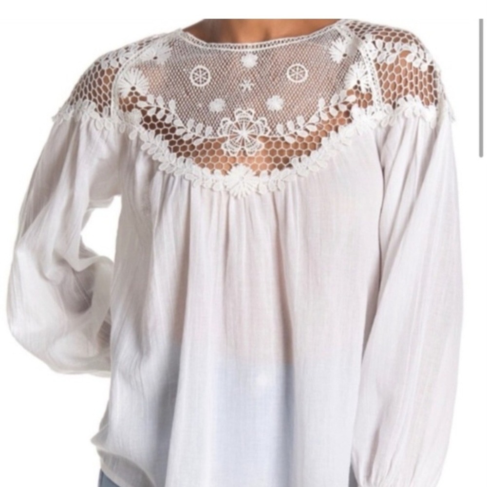NWT Frye White Crochet Lace Yoke Blouse Top M Bohemian Cottagecore Boho Peasant